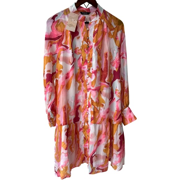 Fashion Pink Orange Abstract Print Button Down Ruffle Hem Mini Shirt Dress M NEW - Picture 7 of 12